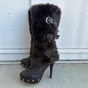 Vintage Fur Buckle Heeled Boots